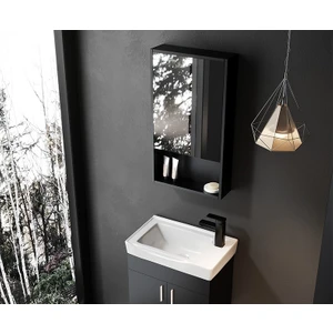 Taç Dekorasyon Tek Kapaklı Aynalı Siyah Banyo Dolabı Üst Modülü