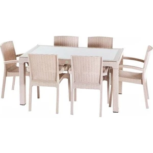 Rattan Masa Takımı 80x140 Camlı Masa 6 Kişilik Rttan Sandalye Seti Bahçe Balkon Teras Takımı