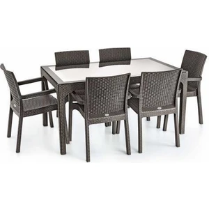 Rattan Masa Takımı 80x140 Camlı Masa 6 Kişilik Sandalye Seti Bahçe Balkon Teras Takımı