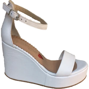 Küçük   Büyük Numara Beyaz  Deri Yüksek Dolgu Topuk Yazlık Bantlı Sandalet