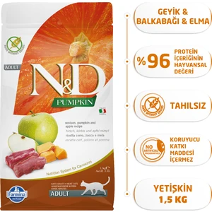 Pumpkin 1;5 kg Tahılsız Geyik Etli Bal Kabaklı ve Elmalı Yetişkin Kedi Maması