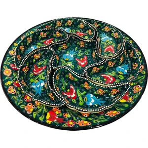 Çetin Çini Seramik El İşi Çini Koyu Yeşil Kabartma Rüzgar Gülü Çerezlik/Kahvaltılık