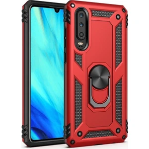 Huawei P Smart Pro 2019 Kılıf Tank Koruma Vega Standlı Yüzüklü Mıknatıslı Kırmızı