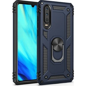 Huawei P Smart Pro 2019 Kılıf Tank Koruma Vega Standlı Yüzüklü Mıknatıslı Lacivert