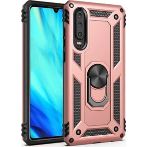 Huawei P Smart Pro 2019 Kılıf Vega Standlı Yüzüklü Mıknatıslı + Nano Glass Bronz