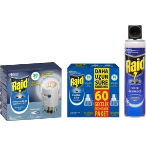 Ayarlanabilir Elektrolikit 30 Gece 21 Ml+ Sinek Kovucu Elektrolik Likit Yedek 60 Gece + Raid Sineksavar 2si 1 Arada 300 ml