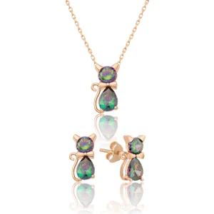 Papatya Silver Mistik Topaz Taşlı Gümüş Kedi Küpe Kolye Set