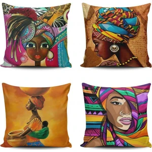 Kırlent Dünyası 4'lü Afrikalı Kızlar Kombin Dijital Baskılı Kırlent Kılıfı