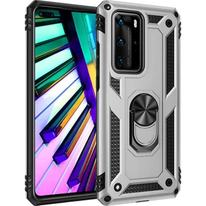 Coverzone Huawei P40 Pro Kılıf Shockproof Standlı Yüzük Tutuculu Mega Case Vega Gümüş Gümüş