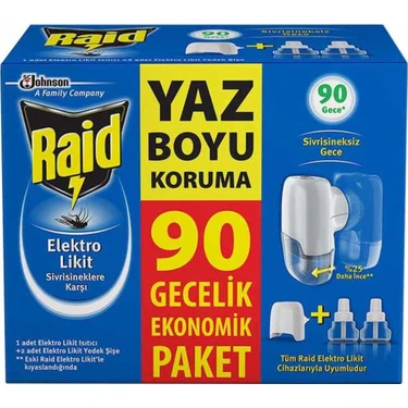 Raid Elektro Likit Sivrisinek Kovucu 90 Gece Etkili 1 Isıtıcı 2 Yedek 54.8 ml Ekonomik