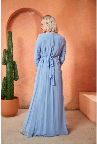 Gör&sin Bağcık Detaylı Uzun Kollu Şifon Elbise 40