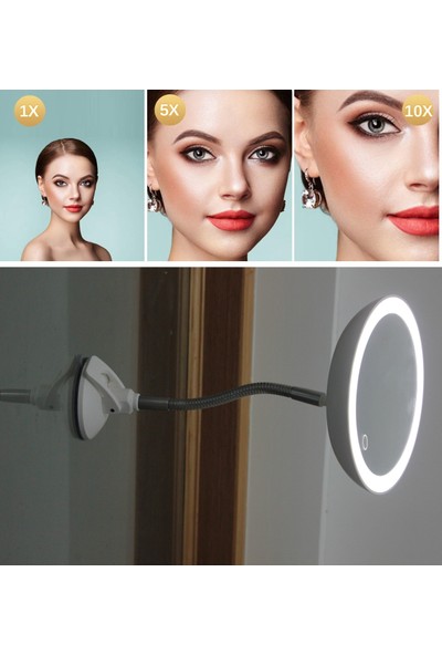 Land Of Myth - Şerit LED Işıklı Banyo Makyaj - Tıraş Aynası, 10X HD ZOOM, Dokunmatik Işık Kısma-Artırma, Esnek Kol