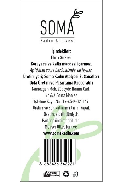 Soma Kadın Atölyesi Elma Sirkesi Katkısız (Doğal Fermente) - 500 ml