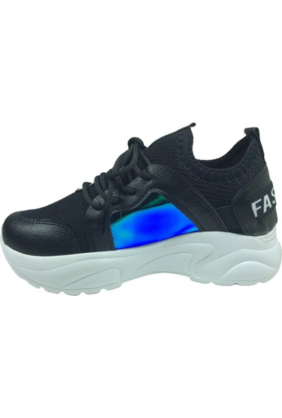 Grafen Filet Siyah Mavi Hologramlı Kız Çocuk Günlük Spor Ayakkabı Bağcıklı Triko
