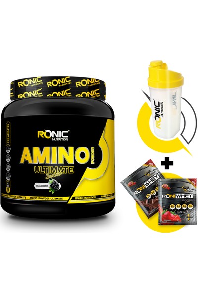 Amino Powder Ultimate 750 gr (Böğürtlen Aromalı) + Shaker ve 2 Adet Tek Kullanımlık Whey Protein