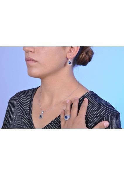 Safir Taşlı Oksitli Telkari Kadın Gümüş Üçlü Set fiyatları