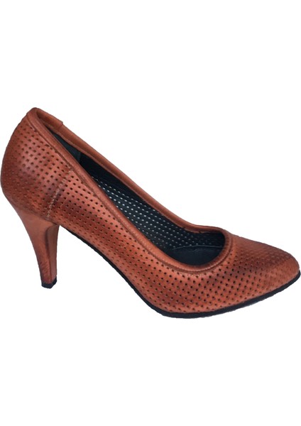 Taba Deri Delikli Stiletto Ayakkabı