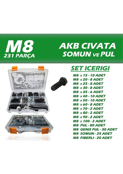 231 Parça M8 Akb Civata Somun ve Pul Seti
