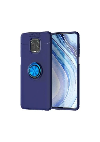 Case 4U Xiaomi Redmi Note 9S / Note 9 Pro Kılıf Autofocus Shockprof Ravel Yüzüklü Standlı Slikon Kapak + Cam Ekran Koruyucu Lacivert