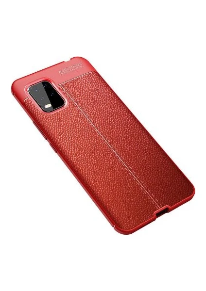 Case 4U Xiaomi Mi 10 Lite Kılıf Rugan Armor Deri Görünümlü Yüksek Kalite Silikon Niss + Cam Ekran Koruyucu Kırmızı