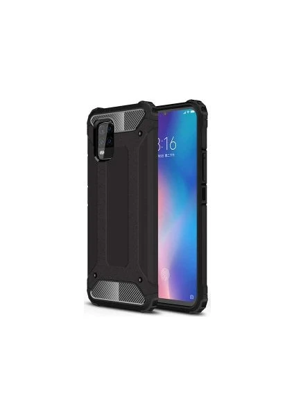 Case 4U Xiaomi Mi 10 Lite Kılıf Military Armor Çift Katmanlı Crash Silikon Kılıf + Cam Ekran Koruyucu Siyah