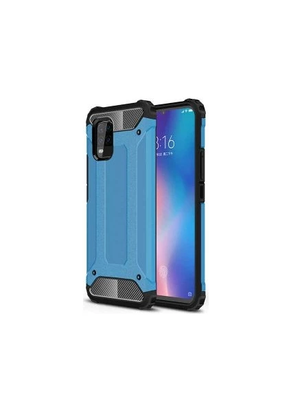 Case 4U Xiaomi Mi 10 Lite Kılıf Military Armor Çift Katmanlı Crash Silikon Kılıf + Cam Ekran Koruyucu Mavi