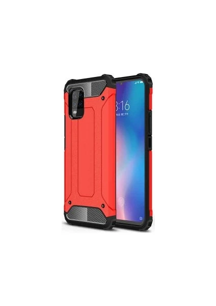 Case 4U Xiaomi Mi 10 Lite Kılıf Military Armor Çift Katmanlı Crash Silikon Kılıf + Cam Ekran Koruyucu Kırmızı