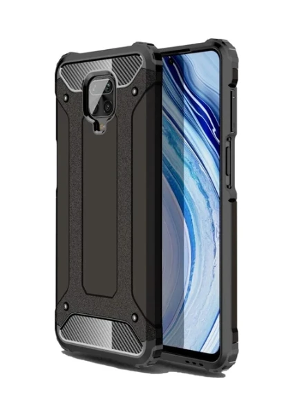 Case 4U Xiaomi Redmi Note 9S / Note 9 Pro Kılıf Military Armor Çift Katmanlı Crash Silikon Kılıf + Cam Ekran Koruyucu Siyah