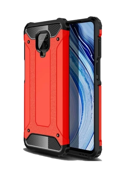 Case 4U Xiaomi Redmi Note 9S / Note 9 Pro Kılıf Military Armor Çift Katmanlı Crash Silikon Kılıf + Cam Ekran Koruyucu Kırmızı