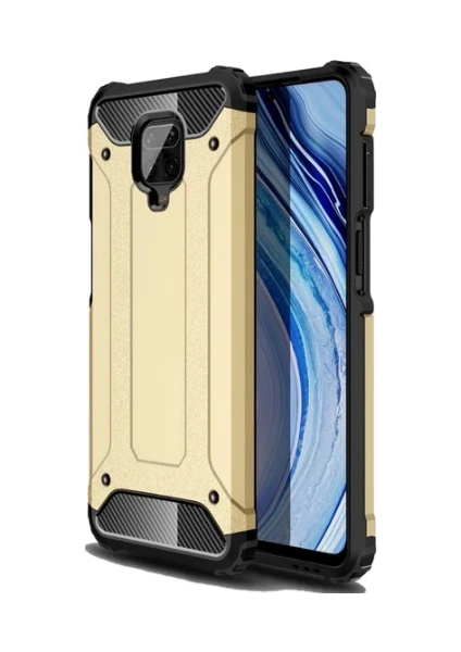 Case 4U Xiaomi Redmi Note 9S / Note 9 Pro Kılıf Military Armor Çift Katmanlı Crash Silikon Kılıf + Cam Ekran Koruyucu Altın