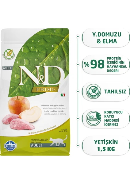 Nd Tahılsız Yaban Domuzu Etli ve Elmalı Yetişkin Kedi Maması 1.5 Kg