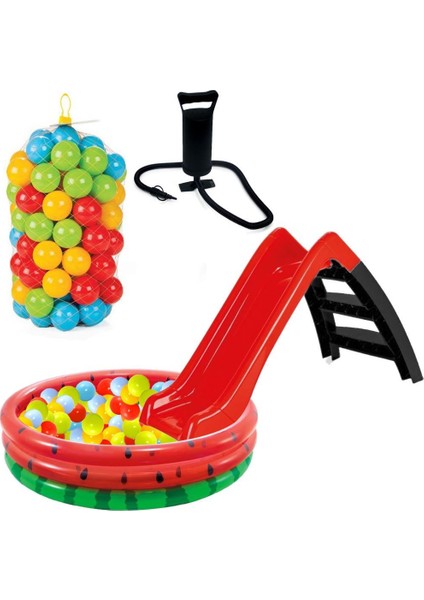 Funny Kaydırak Karpuz Desenli Havuz Pompa 100 Adet Top Kaydıraklı Oyun Seti