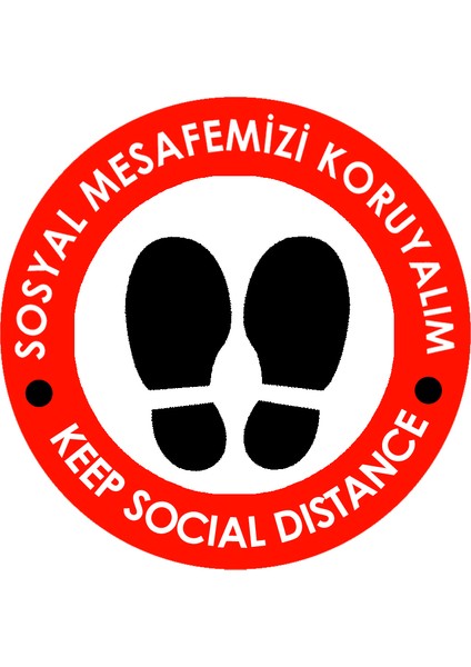 Sosyal Mesafe Zemin Uyarı 30 x 30 cm Kırmızı Türkçe-İngilizce Etiket Sticker C11-30