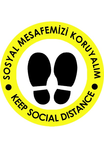 Sosyal Mesafe Zemin Uyarı 20 x 20 cm Sarı Türkçe-İngilizce Etiket Sticker C19-20