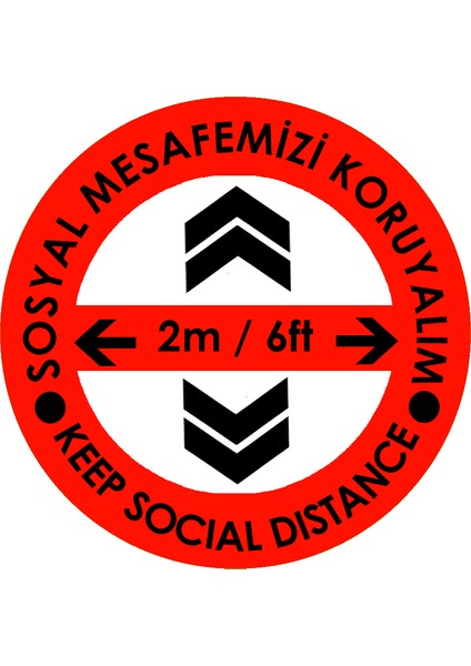 Sosyal Mesafe Zemin Uyarı 20 x 20 cm Kırmızı Türkçe-İngilizce Ok İşaretli Etiket Sticker C42-20