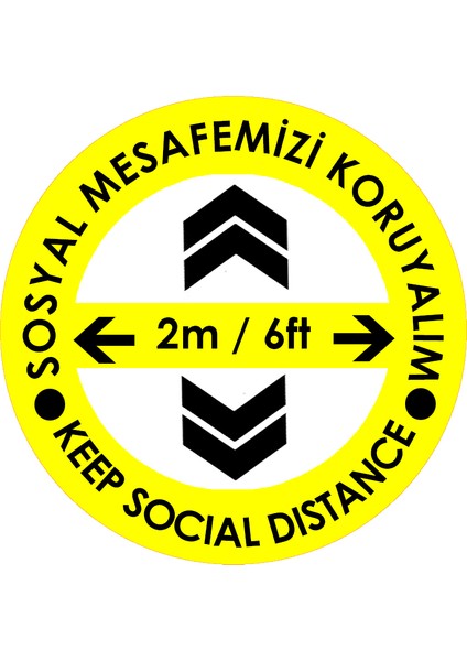 Sosyal Mesafe Zemin Uyarı 20 x 20 cm Sarı Türkçe-İngilizce Ok İşaretli Etiket Sticker C43-20