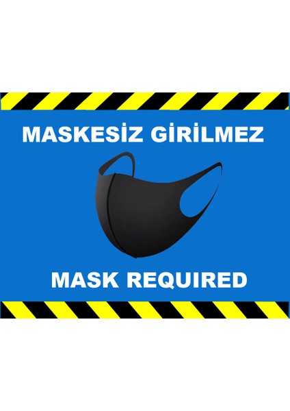 Sosyal Mesafe Maske Uyarı 15 x 20 cm Mavi Türkçe-İngilizce Etiket Sticker C2-15