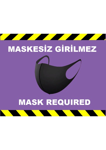 Sosyal Mesafe Maske Uyarı 15 x 20 cm Mor Türkçe-İngilizce Etiket Sticker C3-15