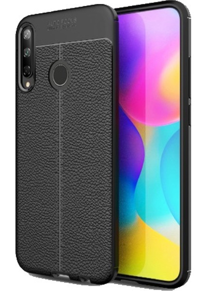 Huawei P40 Lite E Kılıf Niss Silikon Deri Görünümlü + Nano Glass Siyah