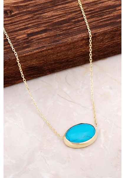 Turkuaz Taşlı Altın Yaldızlı Gümüş Kolye 6674