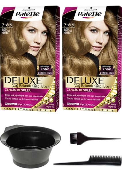 2’li Palette Deluxe 7-65 Altın Parıltılı Toffee Saç Boyası ve Saç Boyama Seti
