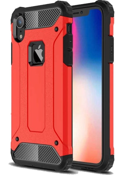 Apple iPhone XR Kılıf Military Armor Çift Katmanlı Crash Silikon Kılıf + Cam Ekran Koruyucu Kırmızı