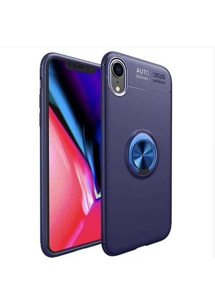 Case 4U Apple iPhone XS Kılıf Autofocus Shockprof Ravel Yüzüklü Standlı Slikon Kapak + Cam Ekran Koruyucu Lacivert