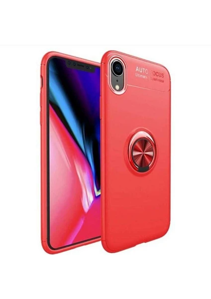 Case 4U Apple iPhone XS Kılıf Autofocus Shockprof Ravel Yüzüklü Standlı Slikon Kapak + Cam Ekran Koruyucu Kırmızı