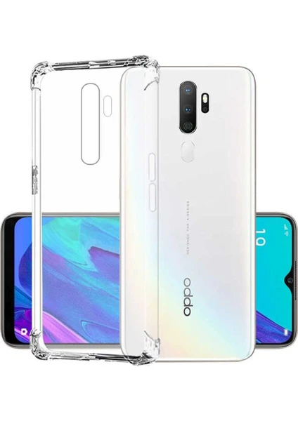 Case 4U Oppo A9 2020 Kılıf Darbe Emici Silikon Arka Kapak + Cam Ekran Koruyucu Şeffaf