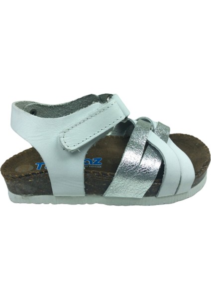 Bebe Kız Çocuk Sandalet Beyaz Gümüş Önü Çapraz Atkılı Bilekten Cırtlı Deri Mantar Taban