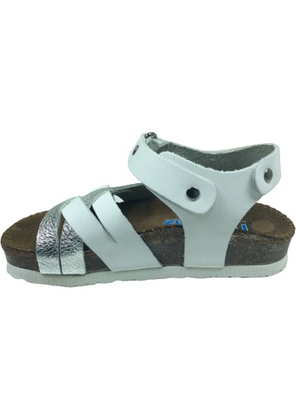 Bebe Kız Çocuk Sandalet Beyaz Gümüş Önü Çapraz Atkılı Bilekten Cırtlı Deri Mantar Taban modelleri