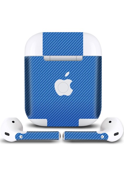 Apple AirPods Seri 1-2 Uyumlu Tasarım Sticker Kılıf Seti (Mavi Karbon Fiber 4d)