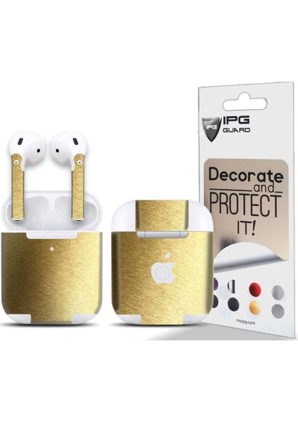 Apple AirPods Seri 1-2 Uyumlu Tasarım Sticker Kılıf Seti (Metalik Altın)