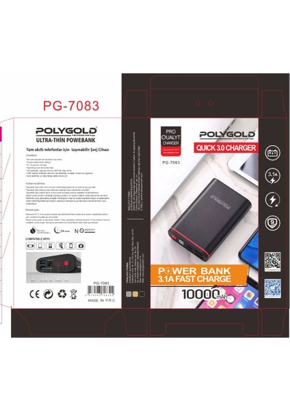 PG7083 10.000mAh 3.0A Hızlı Şarj Göstergeli Powerbank